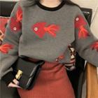 Fish Embroidered Sweatshirt / Fitted Knit Mini Skirt