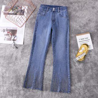 Rhinestone Embellished Cropped Boot-cut Jeans