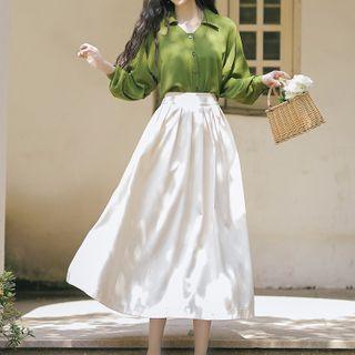 Puff-sleeve Shirt / High-waist Midi A-line Skirt / Set