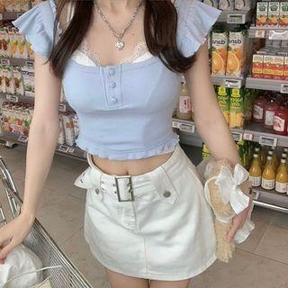 Short-sleeve Plain Slim-fit Top / Lace Camisole Top / Mini Skirt