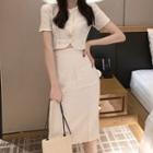 Buttoned Short-sleeve Cropped Top / Straight-fit Skirt