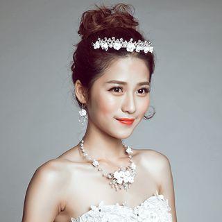 Bridal Set: Faux Pearl Flower Headpiece + Earrings + Necklace