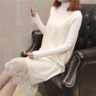 Set: Turtleneck Sweater + Sleeveless Lace Panel Midi Knit Dress