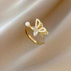 Butterfly Rhinestone Faux Pearl Alloy Open Ring 1 Pc - J503 - Open Ring - Gold - One Size