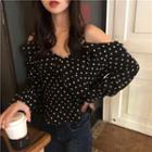 Long-sleeve Cold Shoulder Dotted Chiffon Top Black - One Size