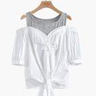 Mock Two-piece Cold Shoulder Shirt White & Gray - One Size