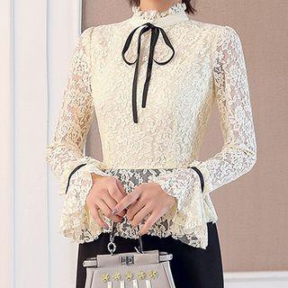 Bell-sleeve Lace Panel Mini Sheath Dress