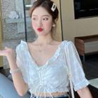 Puff-sleeve Eyelet Lace Drawcord Crop Top