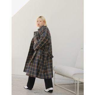 Double-breast Plaid Coat With Sash