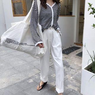 Striped Buttoned Jacket / Plain Wide Leg Pants