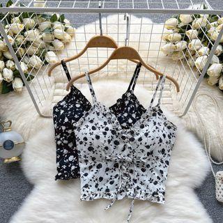 Suspender Floral Drawstring Cropped Top