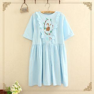 Cat Embroidered Frill Trim Short Sleeve Dress