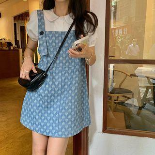 Short-sleeve Blouse / Heart Print Denim Mini Overall Dress