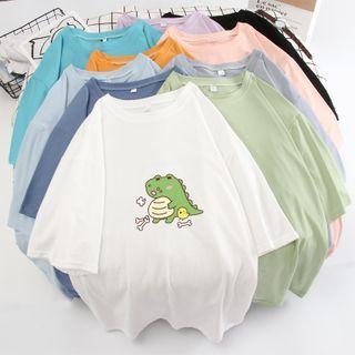Dinosaur Print Elbow-sleeve Oversized Tee