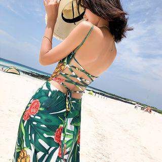 Strappy A-line Tropical Print Midi Dress
