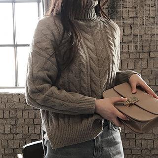 Turtleneck Slit-side Cable-knit Sweater