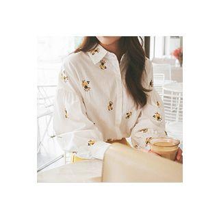 Balloon-sleeve Flower-embroidered Blouse