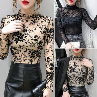 Long-sleeve Mock-neck Lace Mesh Top