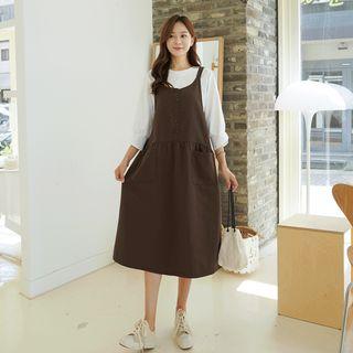 U-neck Shirred Long Overall Dress