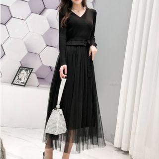 Long-sleeve Mesh Overlay Midi A-line Knit Dress