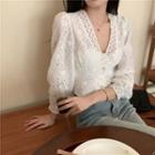 V-neck Cut-out Lace Top White - One Size