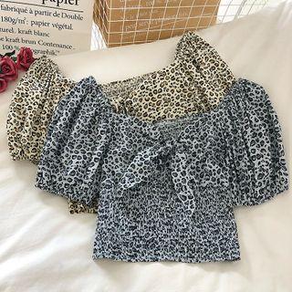 Tie-neck Leopard Puff-sleeve Top
