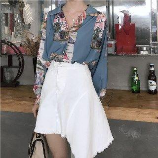 Long-sleeve Printed Chiffon Blouse / Asymmetric A-line Skirt
