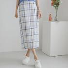 Linen Blend Long Plaid Skirt
