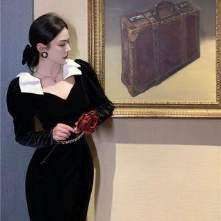 Long-sleeve Contrast Collar Velvet Midi Sheath Dress / Waist Chain