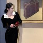 Long-sleeve Contrast Collar Velvet Midi Sheath Dress / Waist Chain