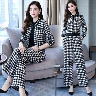 Set: Houndstooth Hoop Zip Cropped Jacket + Wide-leg Pants
