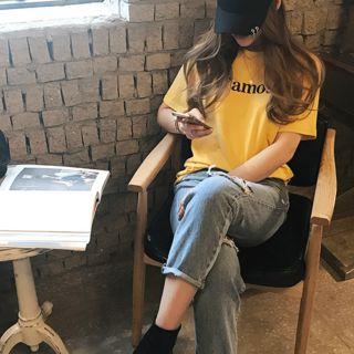 Short-sleeve French-lettering T-shirt