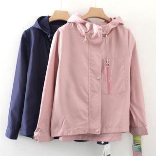 Hooded Long-sleeve Zip Panel Plain Jacket