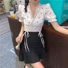 Puff-sleeve Cherry Print Drawstring Blouse / A-line Skirt / Puff-sleeve A-line Dress