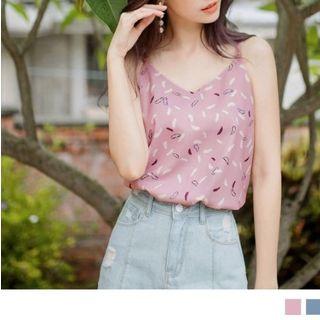 Spaghetti-strap V-neck Feather Print Top