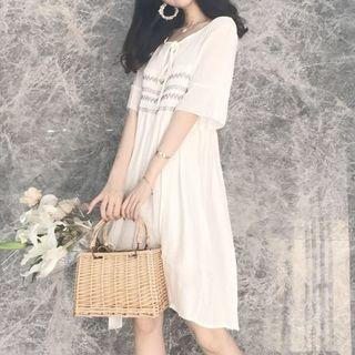 Elbow-sleeve Patterned Panel A-line Dress