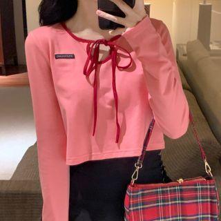 Long-sleeve Contrast Trim T-shirt Pink - One Size