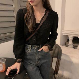 Long-sleeve Plain Lace Trim Top Black - One Size