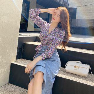 V-neck Floral Blouse / Asymmetrical Denim Midi Mermaid Skirt / Set