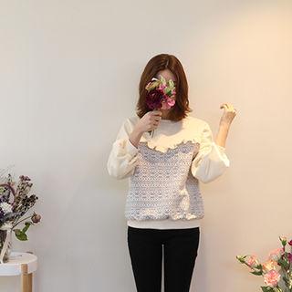 Frill-trim Lace-panel Pullover