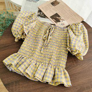Puff-sleeve Shirred Plaid Top
