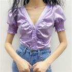 Puff-sleeve Satin V-neck Blouse
