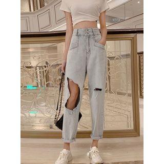 High-waist Cutout Straight-cut Jeans