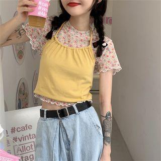 Short-sleeve Floral Print Sheer Top / Halter-neck Top