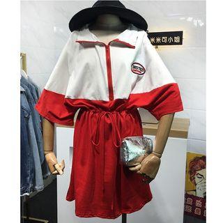 Embroidered Elbow-sleeve Drawstring Waist Dress