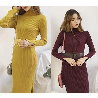 Mock Neck Midi Knit Dress With Belt