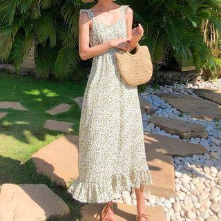 Flower Print Sleeveless Open Back Midi A-line Dress