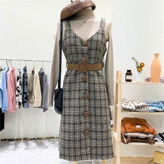 Set: Ribbed Sweater + Plaid Overall Dress