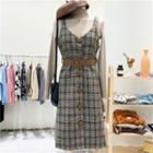 Set: Ribbed Sweater + Plaid Overall Dress