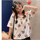 Elbow-sleeve Floral Sailor Collar Top As Shown In Figure - One Size